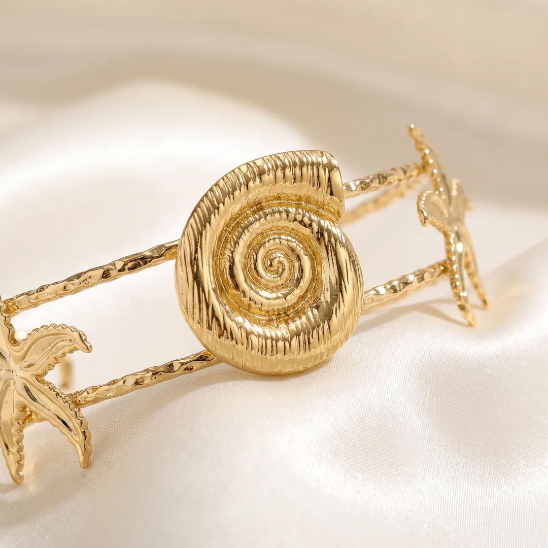 Brazalete rígido dorado concha y estrella de mar, Dorado, foto 3