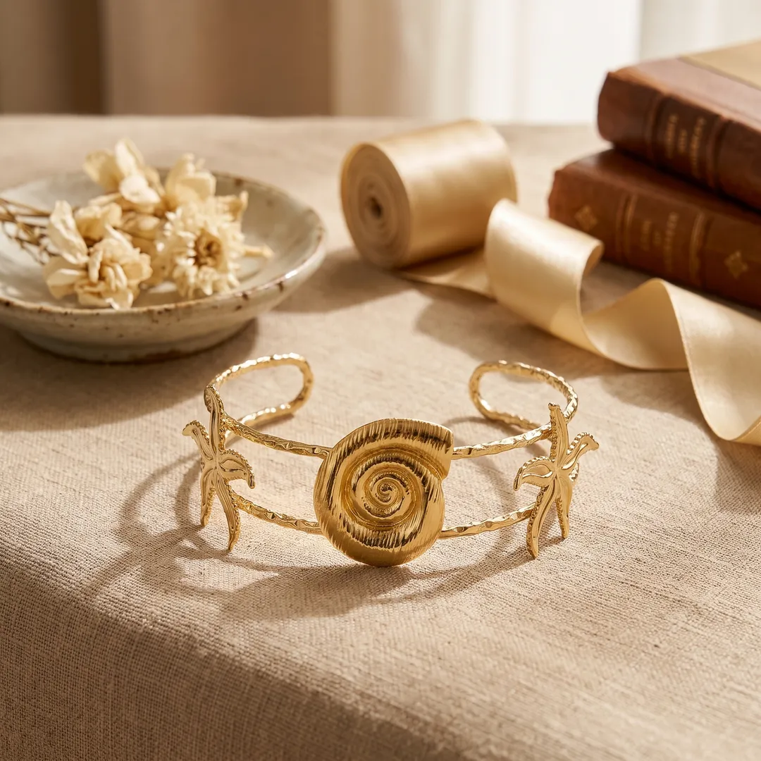 Brazalete rígido dorado concha y estrella de mar, Dorado, foto 5