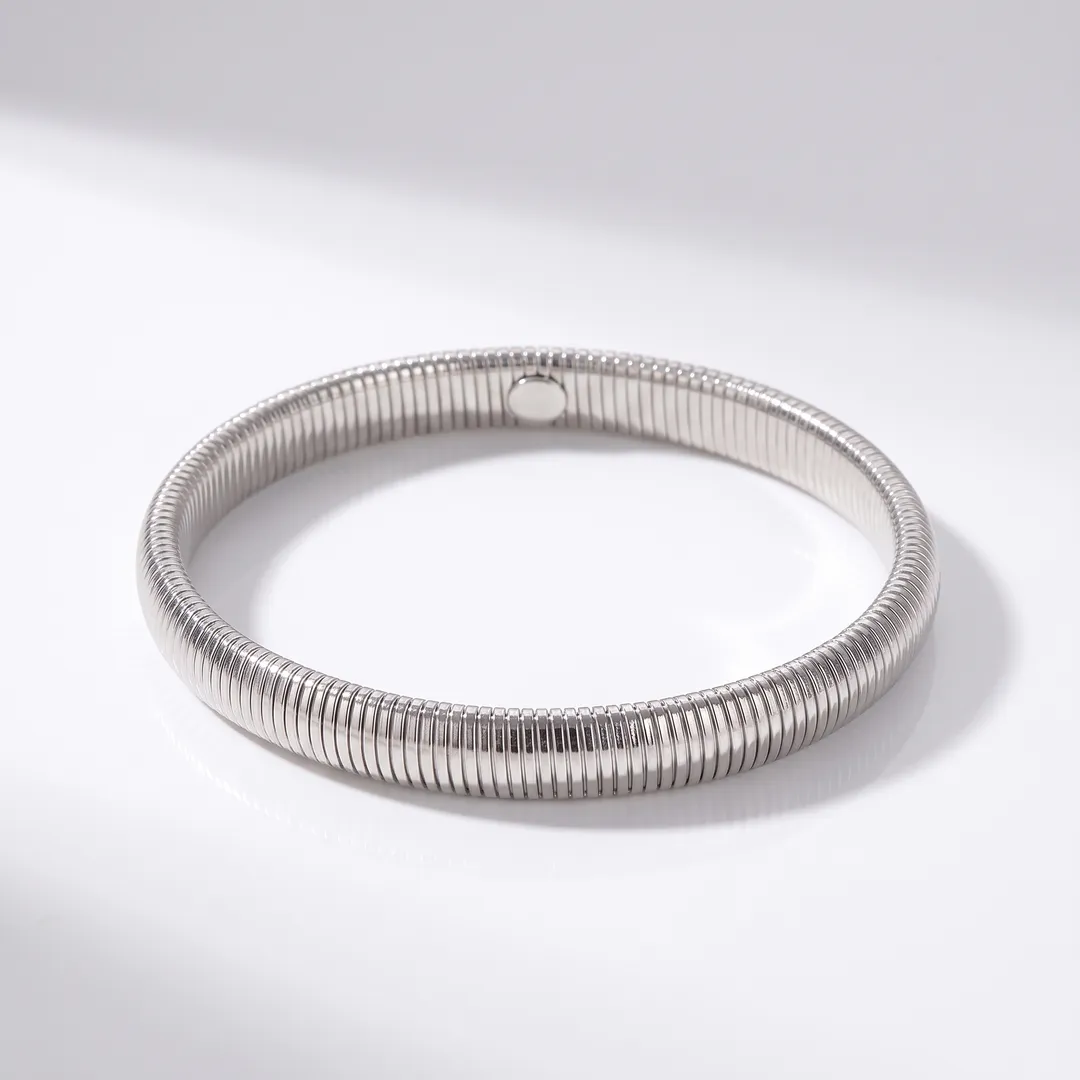 Silver Ribbed Flexible Steel Bangle, Silver, photo 2