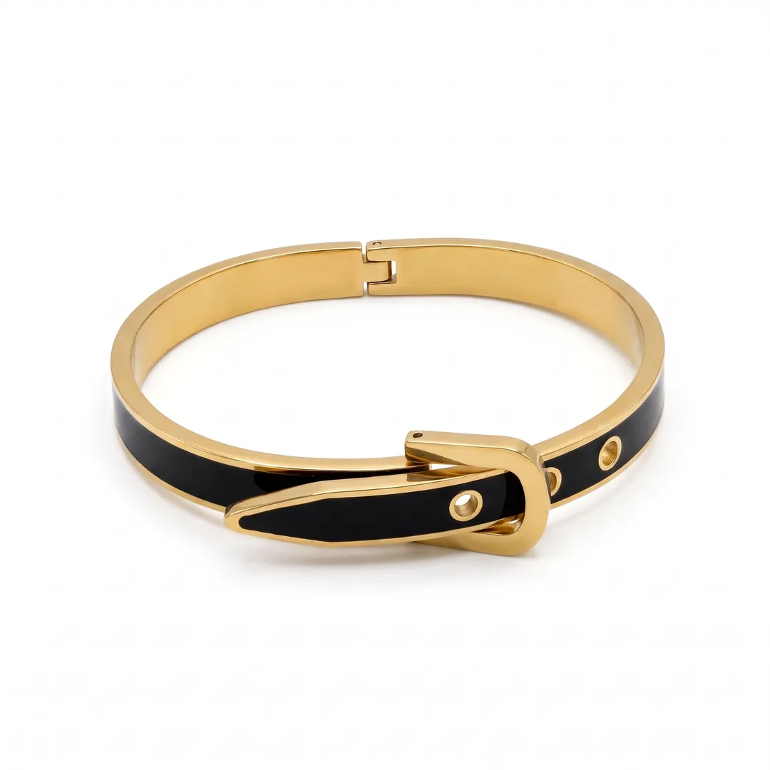 Brazalete rígido de acero, diseño cinturon, Cuero dorado, foto 1