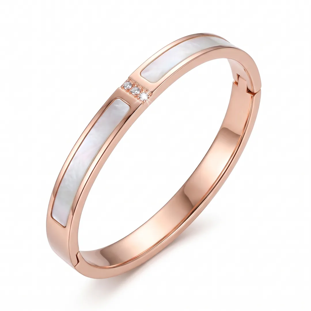 Brazalete rígido de acero con concha e incrustaciones, Oro rosa, foto 1