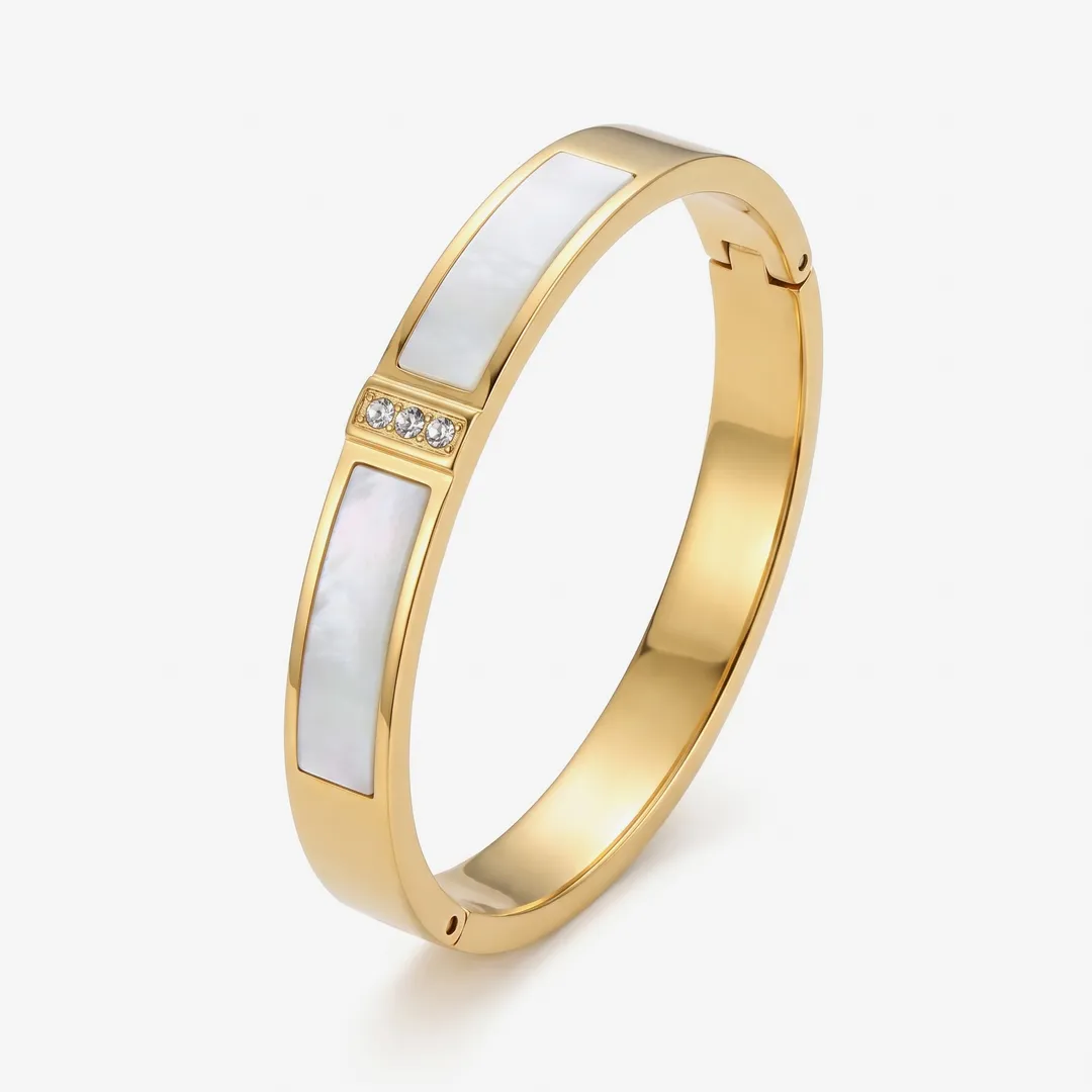 Brazalete rígido de acero con concha e incrustaciones, Oro, foto 1