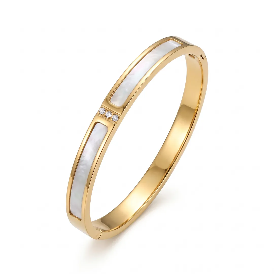 Brazalete rígido de acero con concha e incrustaciones, Oro, foto 2