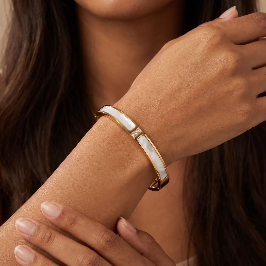 Brazalete rígido de acero con concha e incrustaciones, Oro, foto 3