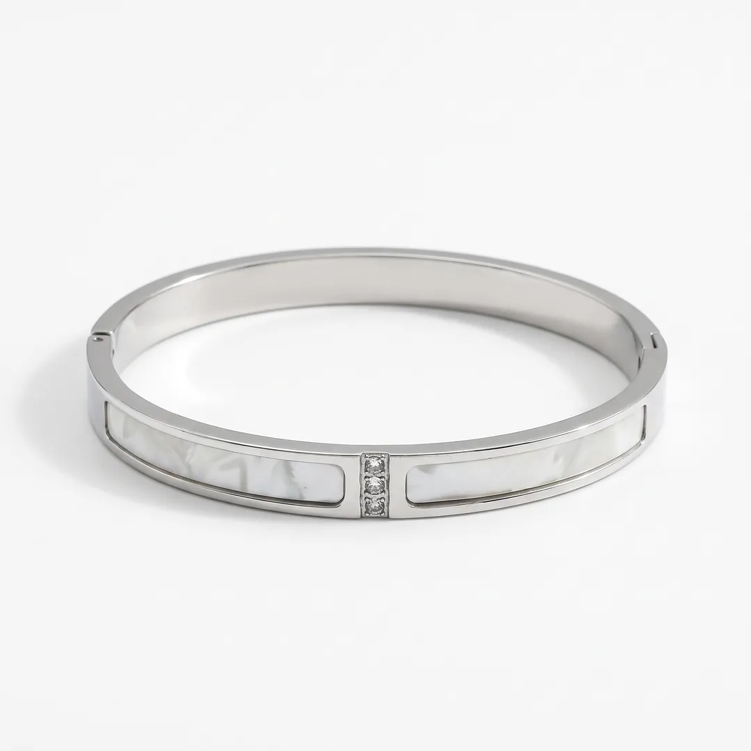Brazalete rígido de acero con concha e incrustaciones, Plata, foto 1