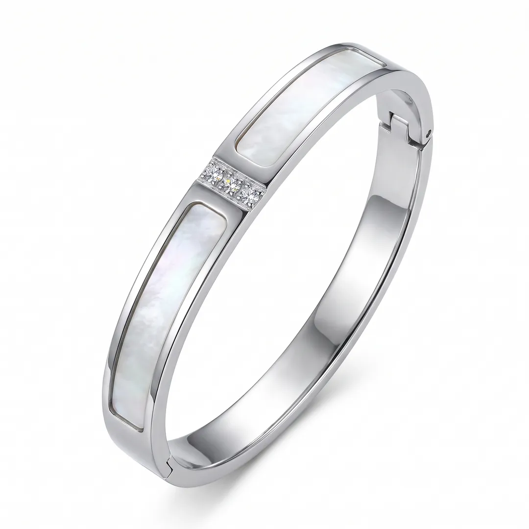 Brazalete rígido de acero con concha e incrustaciones, Plata, foto 2