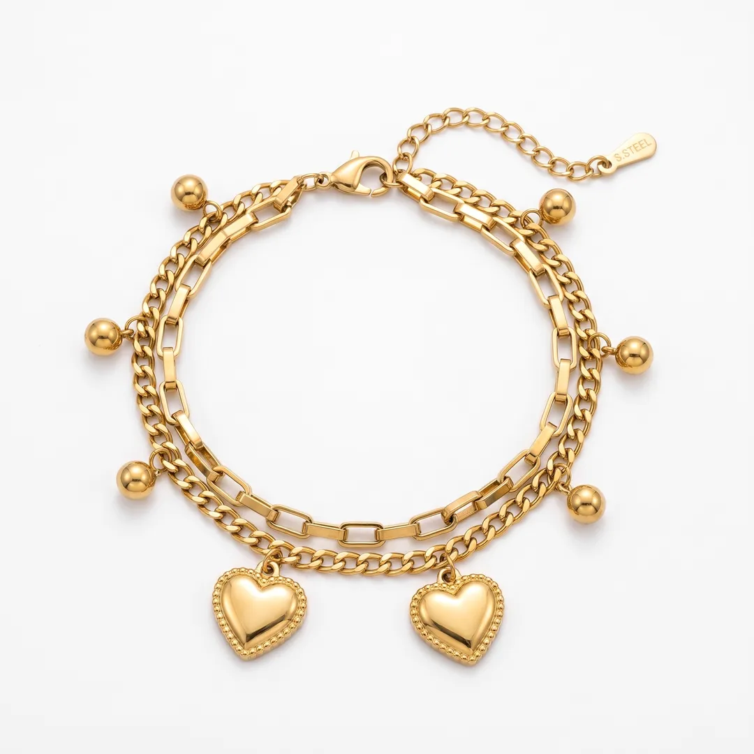 Steel double chain bracelet with hearts and balls, Gold, photo 1