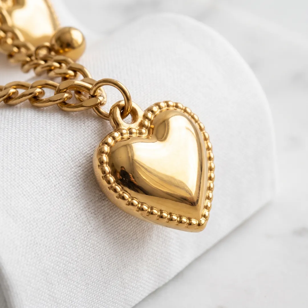 Steel double chain bracelet with hearts and balls, Gold, photo 3