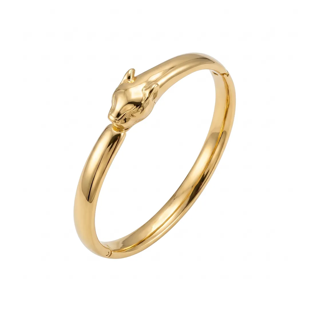 Brazalete rígido de acero, diseño pantera, Leopardo dorado, foto 1