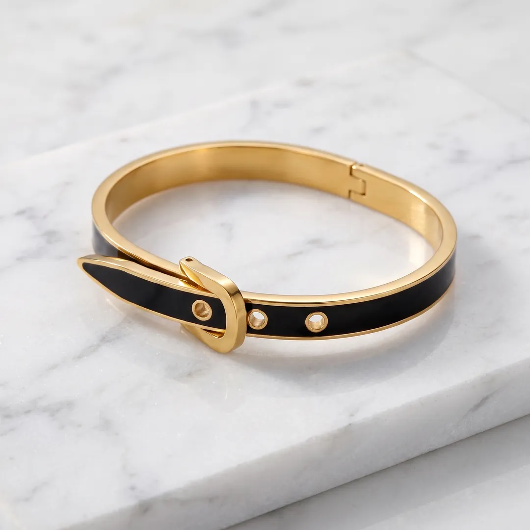 Brazalete rígido de acero, diseño serpiente de cascabel, Cuero dorado, foto 3