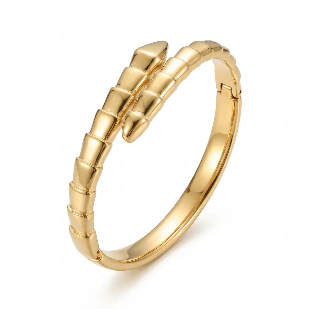 Brazalete rígido de acero, diseño serpiente de cascabel, Serpiente dorado, foto 2