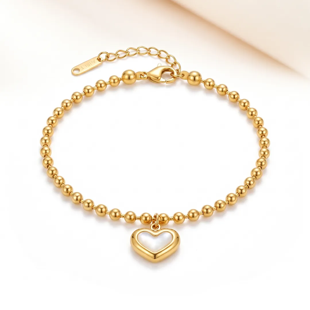 Pulsera de acero con dije de corazón, Dorado, foto 1