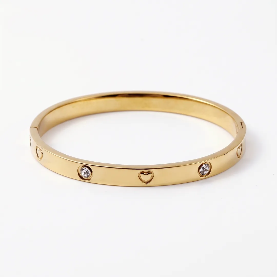Brazalete rígido dorado con corazones y circonias, Dorado, foto 1