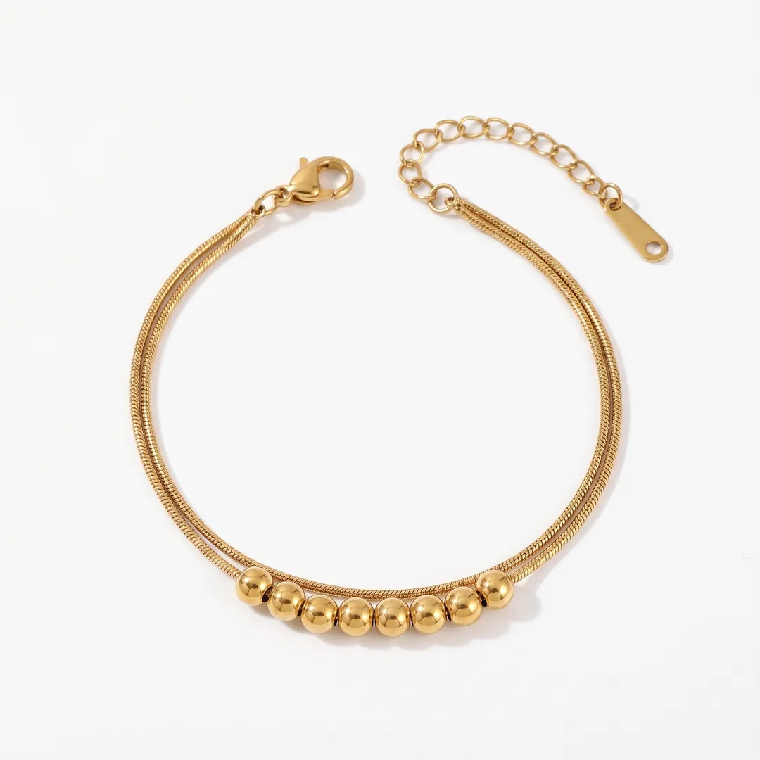 Pulsera doble cadena serpiente con esferas, Dorado, foto 1