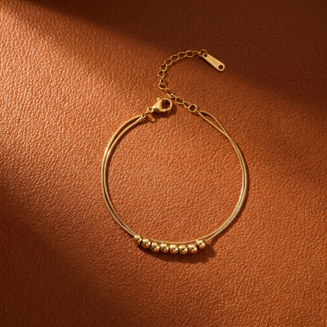 Pulsera doble cadena serpiente con esferas, Dorado, foto 2