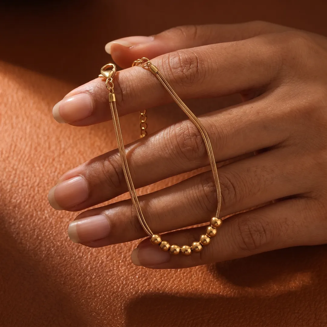 Pulsera doble cadena serpiente con esferas, Dorado, foto 4
