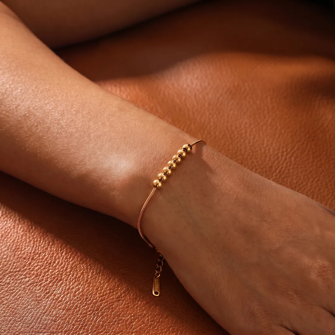 Pulsera doble cadena serpiente con esferas, Dorado, foto 5