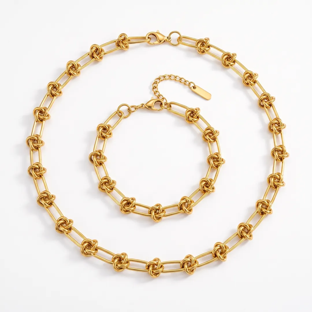 Conjunto Collar y Pulsera Cadena Nudo Acero, Dorado, foto 1